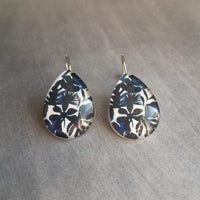 Large Navy Blue Earrings, tropical earring, tropical leaves, hypoallergenic lever back, stainless steel earring, blue leaf, silver tear drop - Constant Baubling