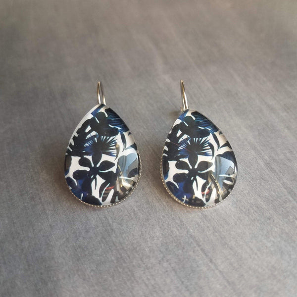 Large Navy Blue Earrings, tropical earring, tropical leaves, hypoallergenic lever back, stainless steel earring, blue leaf, silver tear drop - Constant Baubling