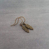 Bronze Feather Earrings, antique brass earring, bronze dangle, small feather earring, tiny feather earring, feather charm, simple feather - Constant Baubling