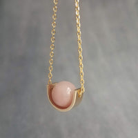 Gold Pink Stone Necklace, eclipse necklace, pink Peruvian opal necklace, gold semicircle, half circle, pale pink opal gemstone, anti anxiety - Constant Baubling