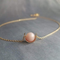 Gold Pink Stone Necklace, eclipse necklace, pink Peruvian opal necklace, gold semicircle, half circle, pale pink opal gemstone, anti anxiety - Constant Baubling