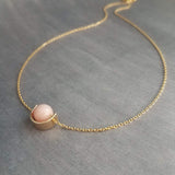 Gold Pink Stone Necklace, eclipse necklace, pink Peruvian opal necklace, gold semicircle, half circle, pale pink opal gemstone, anti anxiety - Constant Baubling