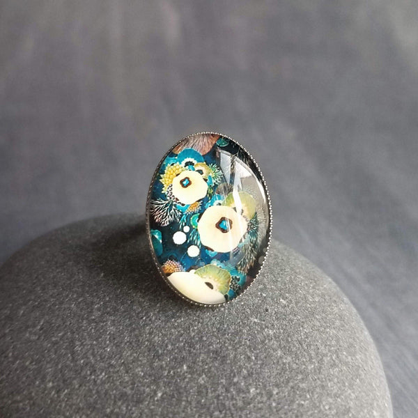 Oval Large Ring, floral ring, colorful ring, abstract ring, statement ring, hypoallergenic, stainless steel adjustable wide band, blue green - Constant Baubling