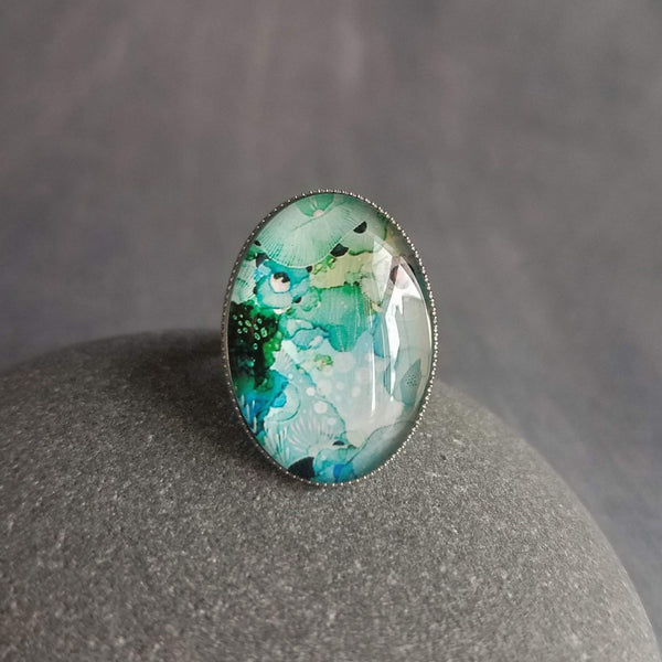 Blue Green Ring, watercolor ring, abstract, rainbow color, large oval ring, hypoallergenic, silver stainless steel adjustable splotch blotch - Constant Baubling