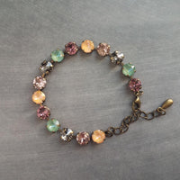 Chunky Fall Bracelet, autumn color bracelet, large crystal bracelet, antique bronze chain, old gold bracelet, sparkling green orange purple - Constant Baubling