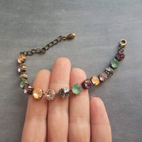 Chunky Fall Bracelet, autumn color bracelet, large crystal bracelet, antique bronze chain, old gold bracelet, sparkling green orange purple - Constant Baubling