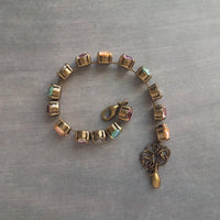 Chunky Fall Bracelet, autumn color bracelet, large crystal bracelet, antique bronze chain, old gold bracelet, sparkling green orange purple - Constant Baubling