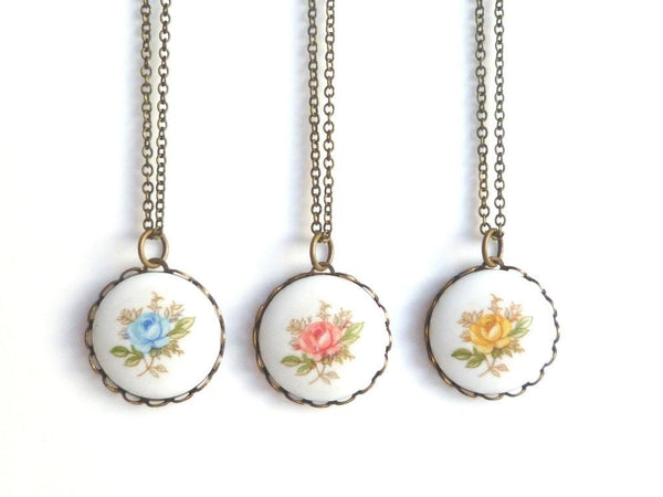 Rose Necklace, vintage rose pendant, pink rose, yellow rose, blue rose, vintage flower pendant, vintage style necklace, antique brass chain - Constant Baubling