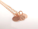 Rose Gold Disc Necklace, rose gold coin necklace, sequin necklace 3 rose gold charms tiny rose gold circles small round disks flat rose gold - Constant Baubling