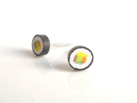 Sushi Earrings - fun tiny California sushi rolls with white rice and veggies made from clay - little delicate foodie food date studs - Constant Baubling