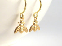 Tiny Bee Earrings - little brass bumblebees buzz on small delicate gold plated hooks - minimalist spring honey hive 14K gold fill option - Constant Baubling