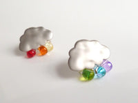 Silver Cloud Earrings, rainbow drops, colorful glass teardrops, 925 sterling silver posts, rainbow cloud earring, rain storm stud, matte - Constant Baubling