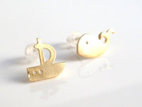Whale Boat Earrings, mismatched stud, mismatched earring, whale earring, sailboat earring, fish boat stud, gold stud, sterling silver post - Constant Baubling