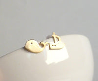 Whale Boat Earrings, mismatched stud, mismatched earring, whale earring, sailboat earring, fish boat stud, gold stud, sterling silver post - Constant Baubling