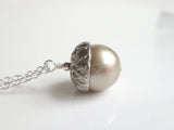 Silver Acorn Necklace - genuine Swarovski pearl pendant capped in matte silver/pewter on a delicate silver plated chain - Squirrel Nut - Constant Baubling