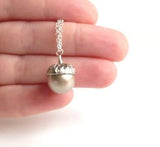 Silver Acorn Necklace - genuine Swarovski pearl pendant capped in matte silver/pewter on a delicate silver plated chain - Squirrel Nut - Constant Baubling