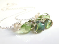 Green Bead Necklace - .925 sterling silver chain/pale glass swirled small tear drops - hints of aqua blue/white/clear - LAGOON - Constant Baubling
