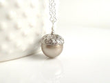 Silver Acorn Necklace - genuine Swarovski pearl pendant capped in matte silver/pewter on a delicate silver plated chain - Squirrel Nut - Constant Baubling