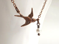 Copper Bird Necklace, sparrow necklace, flying bird pendant, tiny pearl charm, delicate copper chain, antique copper necklace, aged copper - Constant Baubling
