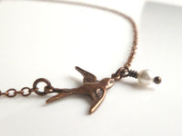Copper Bird Necklace, sparrow necklace, flying bird pendant, tiny pearl charm, delicate copper chain, antique copper necklace, aged copper - Constant Baubling