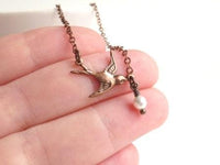 Copper Bird Necklace, sparrow necklace, flying bird pendant, tiny pearl charm, delicate copper chain, antique copper necklace, aged copper - Constant Baubling