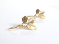 Gold Leaves Earrings, small leaf earring, leaf dangle earring, leaflet earring, 3 leaf earring, matte gold leaf, bridesmaid wedding jewelry - Constant Baubling