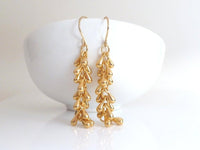 Long Gold Earrings, long teardrop earring, gold fringe earring, gold tassel earring, teardrop cluster, gold drop cascade 14K gold hook avail - Constant Baubling