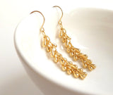 Long Gold Earrings, long teardrop earring, gold fringe earring, gold tassel earring, teardrop cluster, gold drop cascade 14K gold hook avail - Constant Baubling