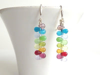 Colorful Earrings - rainbow long thin dangle w/ tiny shaded glass drops in ROYGBIV ombre spectrum on tiny silver hooks - After the Rain - Constant Baubling