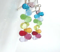 Colorful Earrings - rainbow long thin dangle w/ tiny shaded glass drops in ROYGBIV ombre spectrum on tiny silver hooks - After the Rain - Constant Baubling