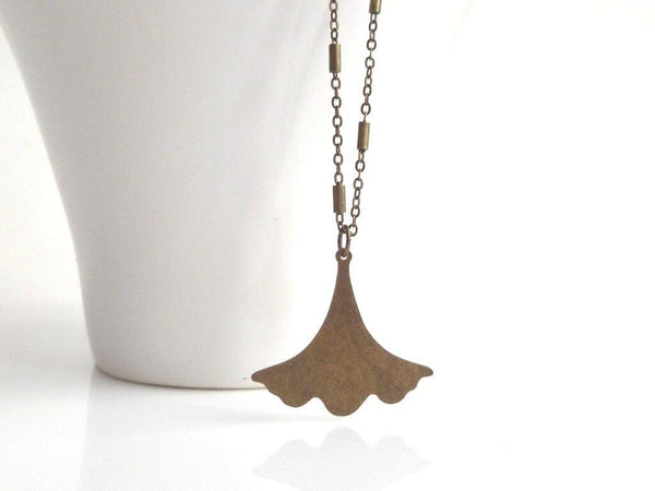 Ginkgo Leaf Necklace, bronze leaf necklace, antique brass necklace, old gold necklace, ruffled leaf necklace, leaf pendant, ginkgo pendant - Constant Baubling