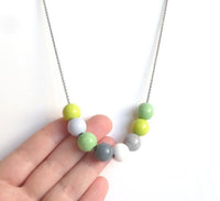 Wood Bead Necklace, painted wood beads, soft color bead necklace, gold, white, pink, grey, natural wood, long gold chain, color block balls - Constant Baubling