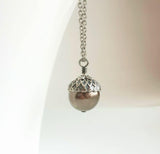 Acorn Necklace, Swarovski pearl acorn pendant, gunmetal acorn necklace, autumn necklace, grey pearl, black pearl pendant, gunmetal acorn - Constant Baubling