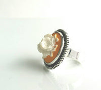 Rose Ring - large flower middle in adjustable antique silver band - vintage style white/orange resin - bold statement ring size 6 7 8 9 10 - Constant Baubling