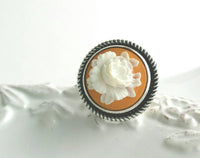 Rose Ring - large flower middle in adjustable antique silver band - vintage style white/orange resin - bold statement ring size 6 7 8 9 10 - Constant Baubling