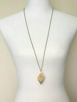 Long Gold Necklace, hinged triangles, geometric pendant, extra long chain, antique brass finish, gold diamond shape, mixed unique necklace - Constant Baubling