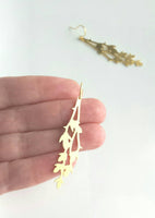 Gold Branch Earrings - long thin leafy tree outline in matte gold plated brass - 14K gold fill upgrade gifts for her under 25 - vine leaves - Constant Baubling