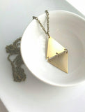 Long Gold Necklace, hinged triangles, geometric pendant, extra long chain, antique brass finish, gold diamond shape, mixed unique necklace - Constant Baubling