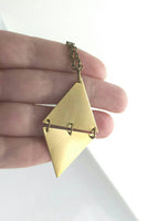 Long Gold Necklace, hinged triangles, geometric pendant, extra long chain, antique brass finish, gold diamond shape, mixed unique necklace - Constant Baubling