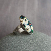 Large Oval Ring, floral ring, colorful ring, abstract ring, statement ring, hypoallergenic, stainless steel adjustable wide band, blue green