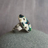 Large Oval Ring, floral ring, colorful ring, abstract ring, statement ring, hypoallergenic, stainless steel adjustable wide band, blue green